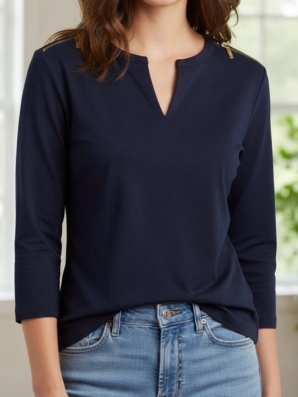 Michael Kors Super Soft Vneck Black Top with Gold Zipper Accent
